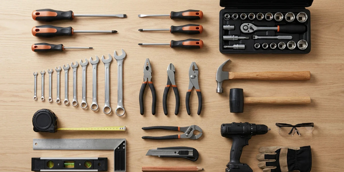 Outils indispensables du garage alignés sur un établi : tournevis, clés, douilles, pinces, marteau et perceuse Image
