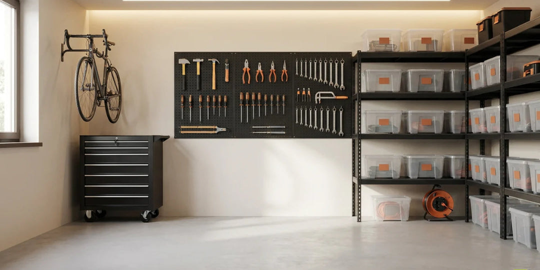 Garage rangé avec panneau perforé, étagères à bacs transparents et servante d'atelier noire 7 tiroirs