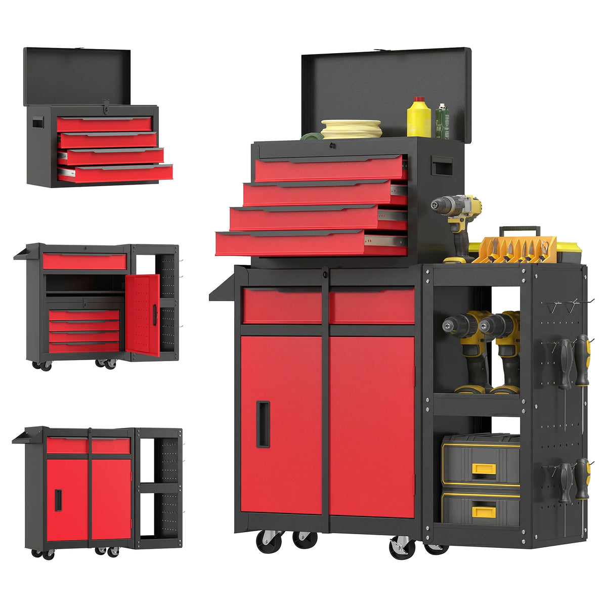 Servante d'atelier 3 en 1 modulable, 5 tiroirs, armoire et étagère latérale