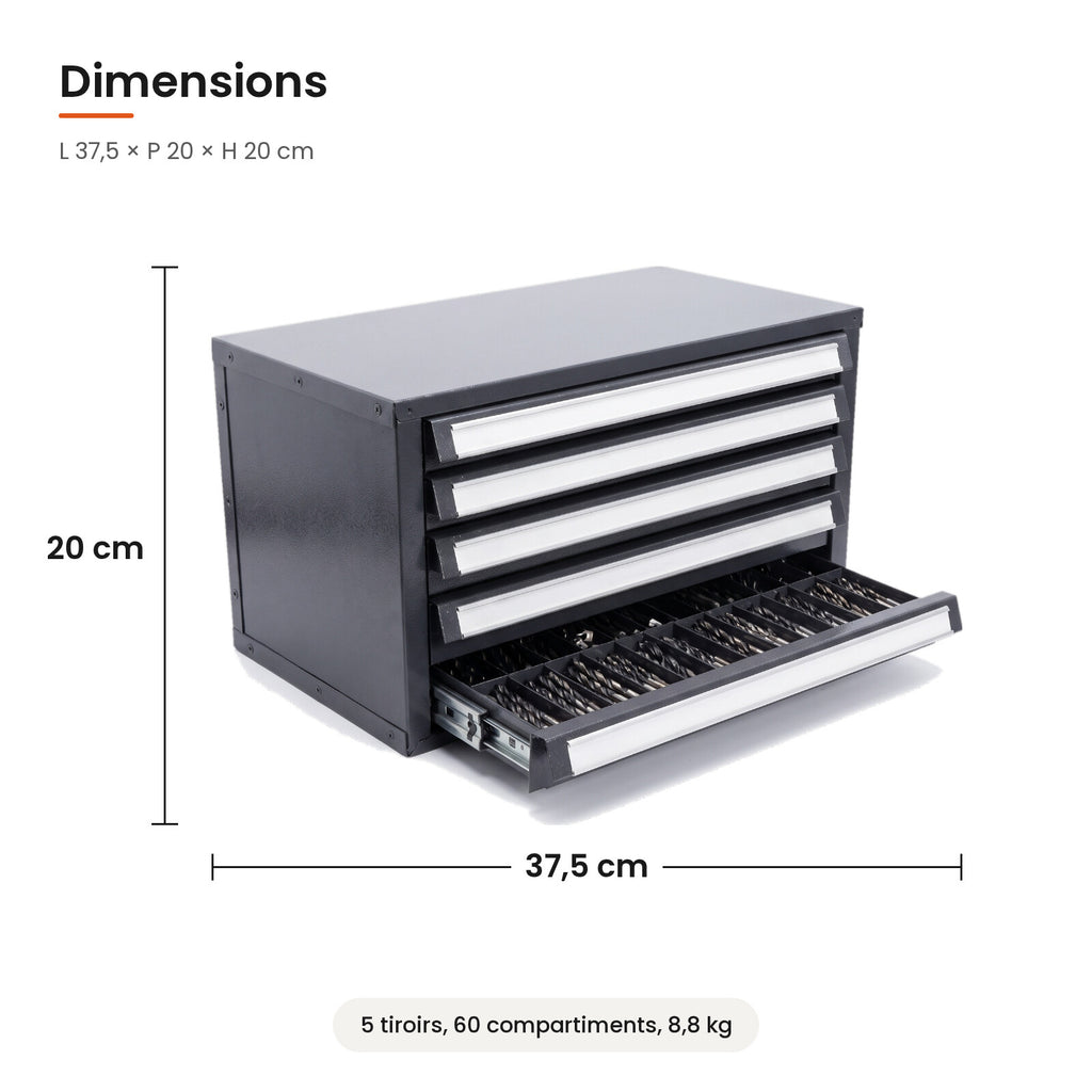 Dimensions de la boîte de rangement pour forets : 37,5 x 20 x 20 cm
