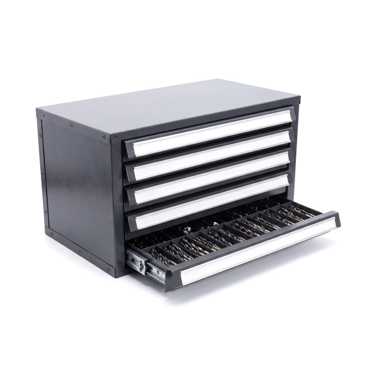 Boîte de rangement pour forets en acier gris, 5 tiroirs, sur fond blanc