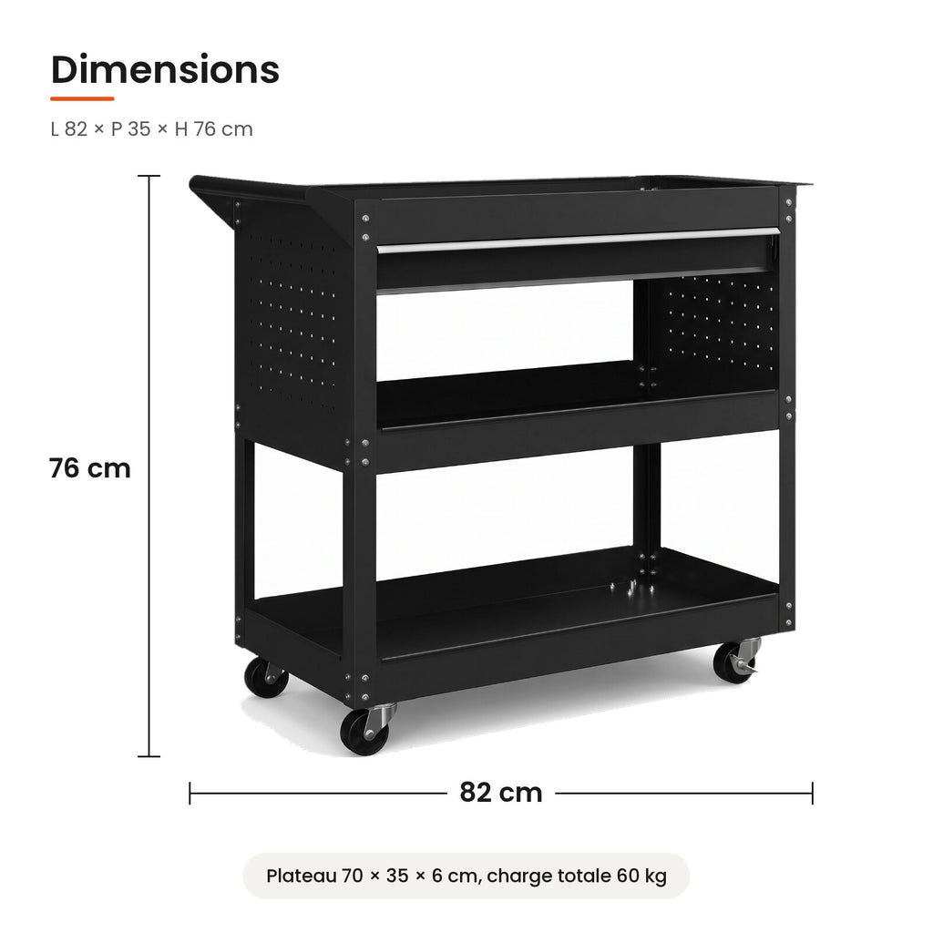 Dimensions du chariot d'atelier : 82 x 35 x 76 cm