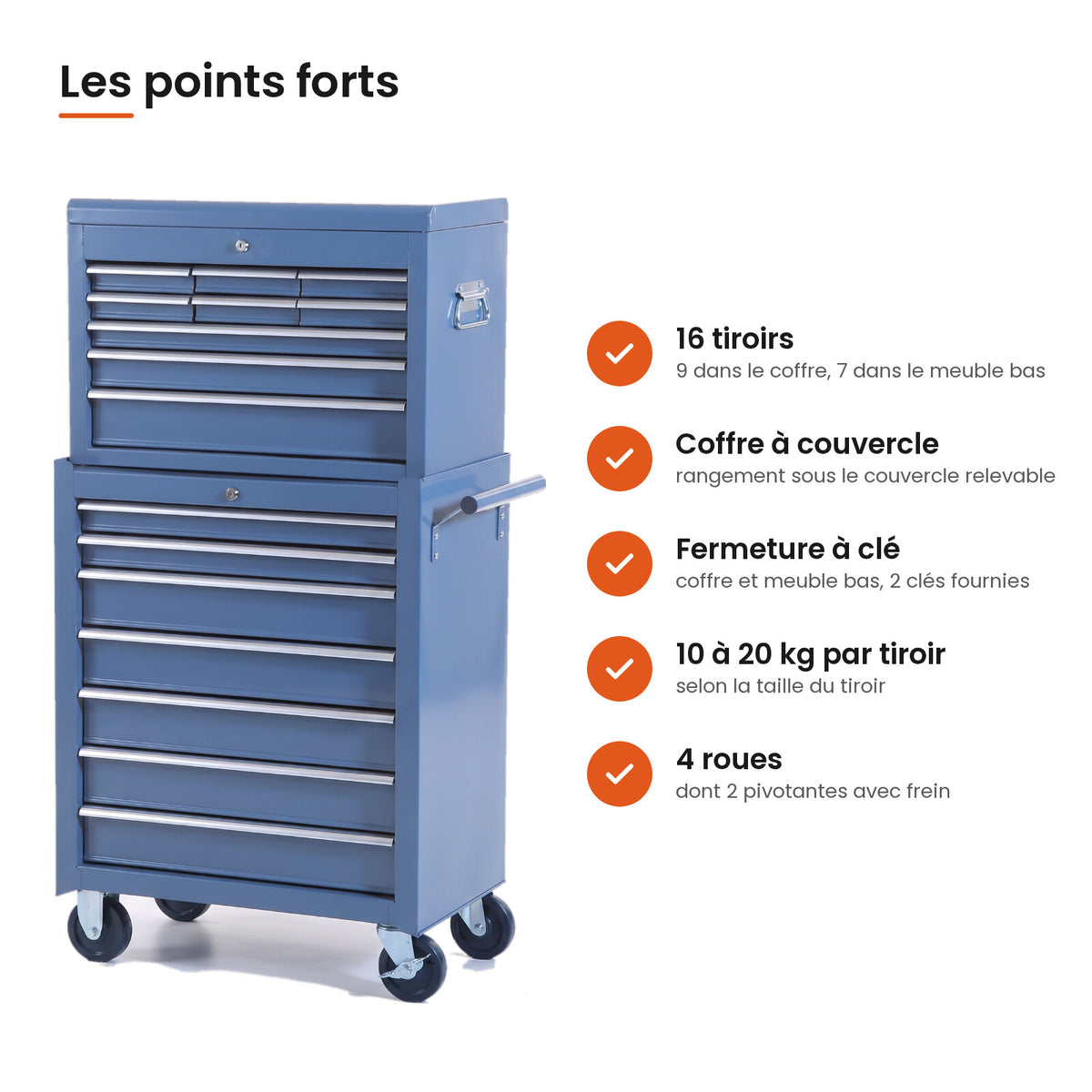 Points forts de la servante d'atelier 16 tiroirs bleue