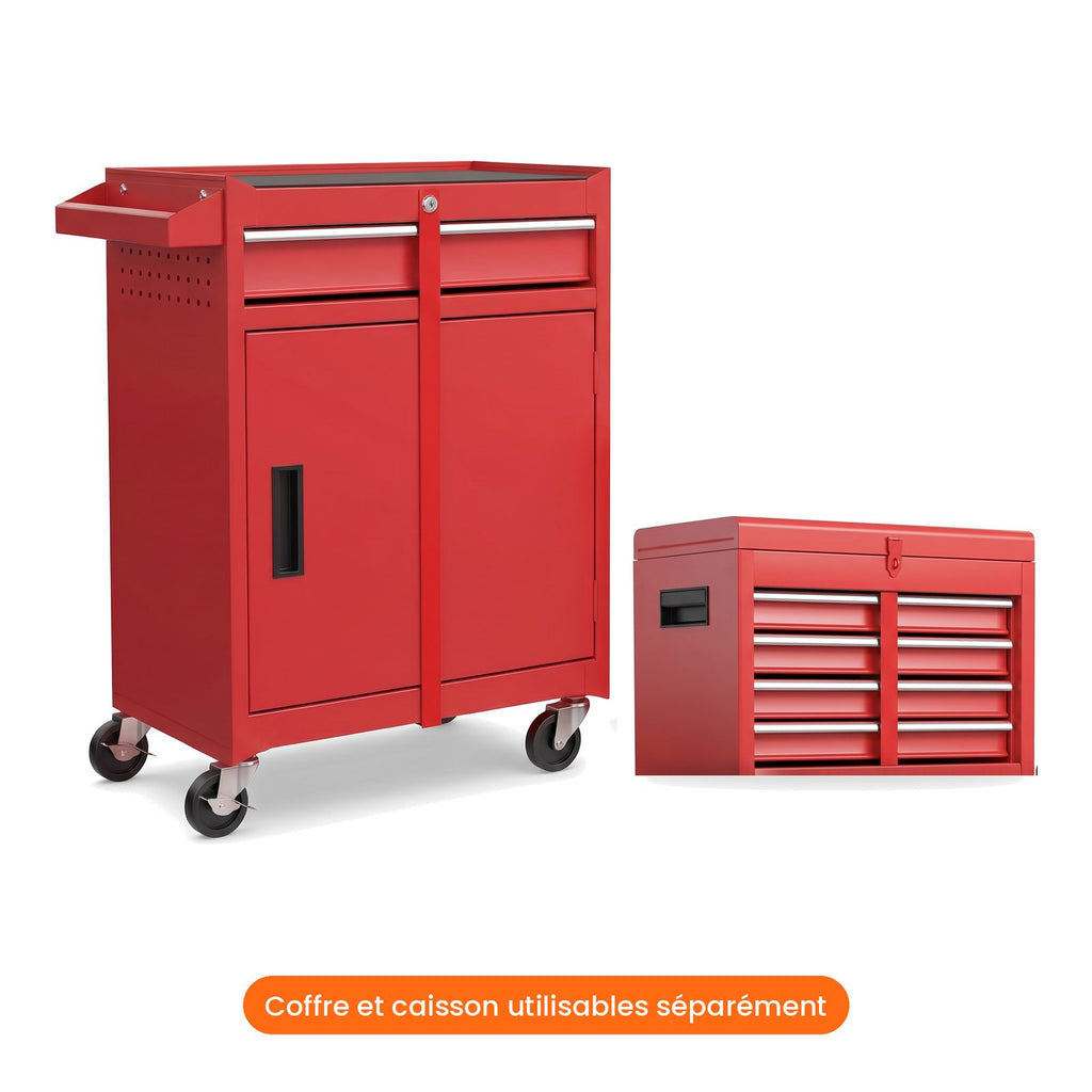 Servante d'atelier 2 en 1 rouge : coffre amovible et armoire à roulettes séparés