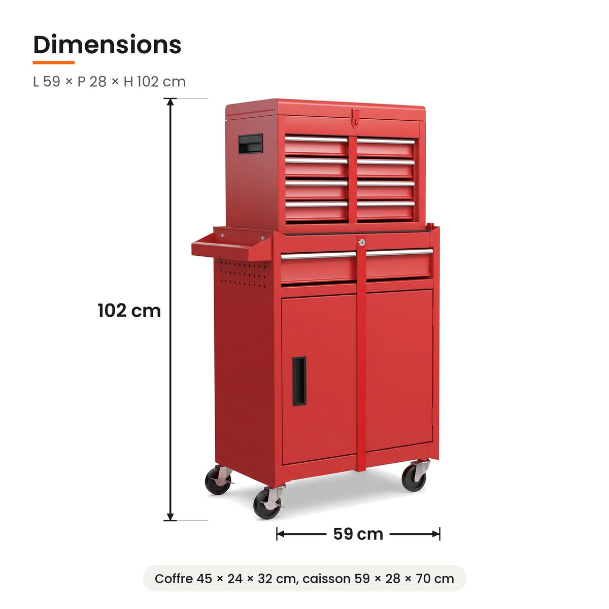 Dimensions de la servante d'atelier 2 en 1 rouge : 59 x 28 x 102 cm