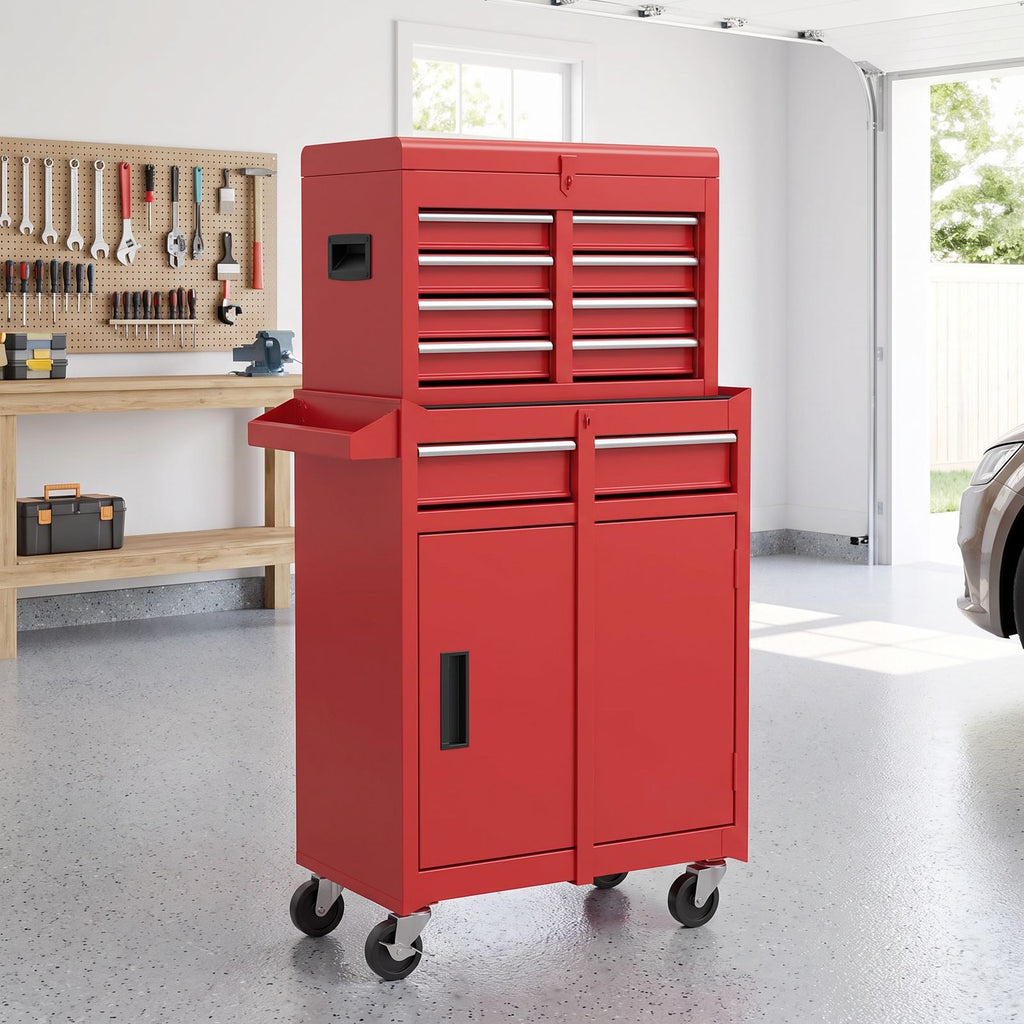 Servante d'atelier 2 en 1 rouge rangée dans un garage