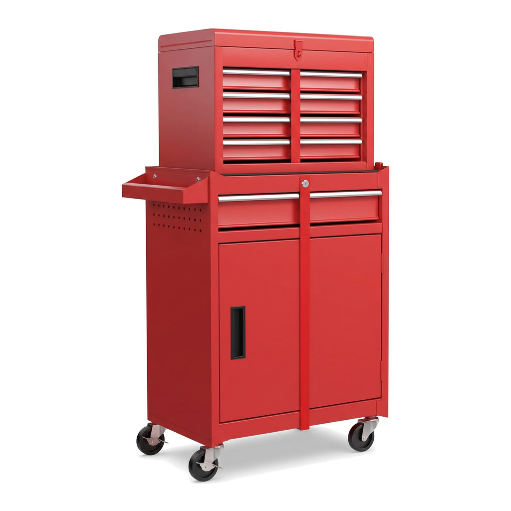 Servante d'atelier 2 en 1 rouge avec coffre amovible, armoire et plateau latéral