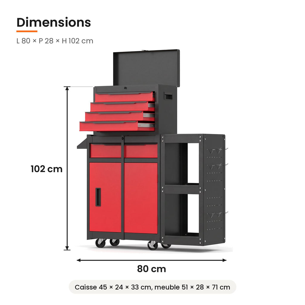 Dimensions de la servante d'atelier 3 en 1 : 80 x 28 x 102 cm