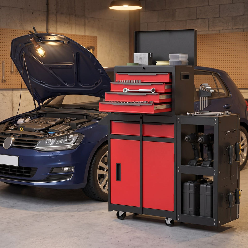 Servante d'atelier 3 en 1 équipée d'outils à côté d'une voiture capot ouvert