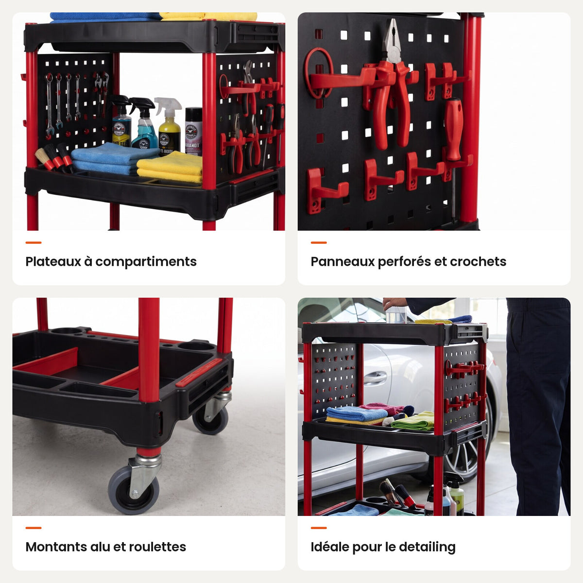 Détails de la servante d'atelier 3 plateaux : plateaux à compartiments, panneaux perforés, roulettes