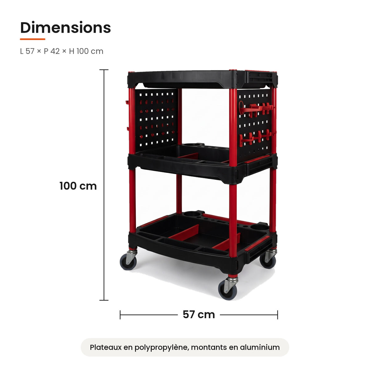 Dimensions de la servante d'atelier 3 plateaux : 57 x 42 x 100 cm