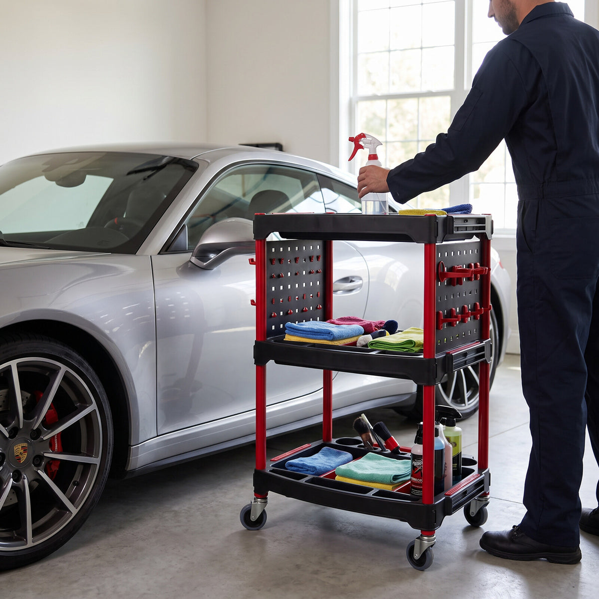 Servante d'atelier 3 plateaux utilisée pour le nettoyage d'une voiture