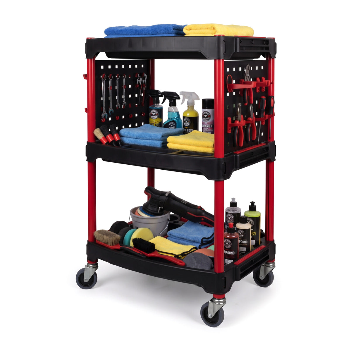 Servante d'atelier 3 plateaux garnie de produits d'entretien et d'outils