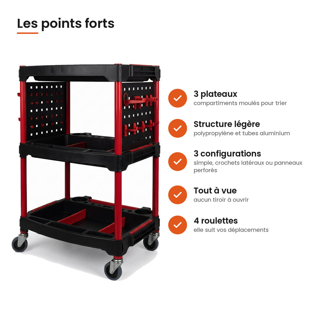 Points forts de la servante d'atelier 3 plateaux
