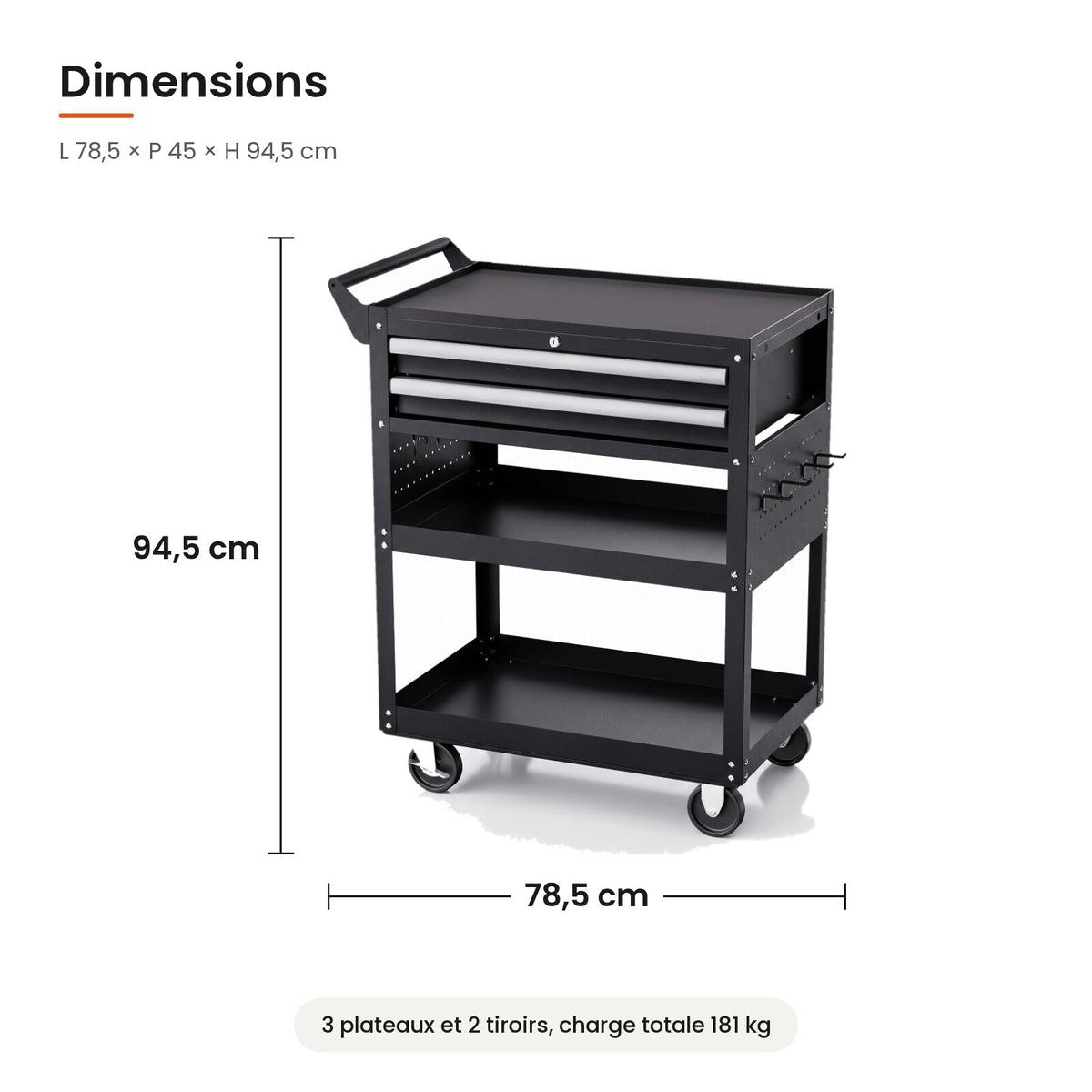 Dimensions de la servante d'atelier 5 niveaux : 78,5 x 45 x 94,5 cm