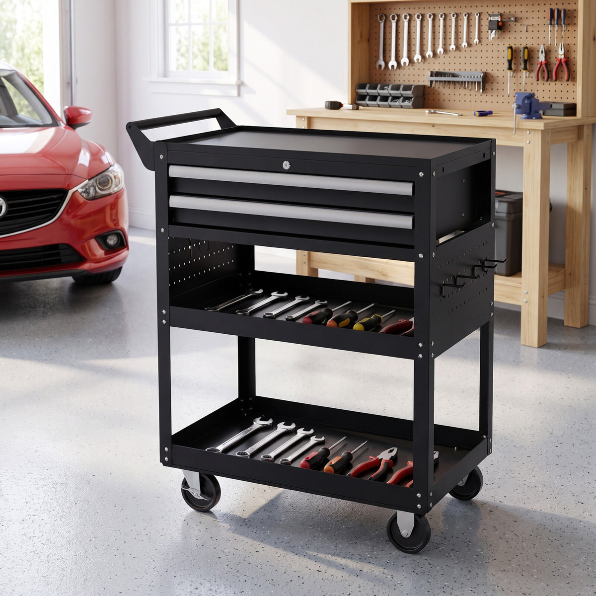 Servante d'atelier 5 niveaux dans un garage rangé