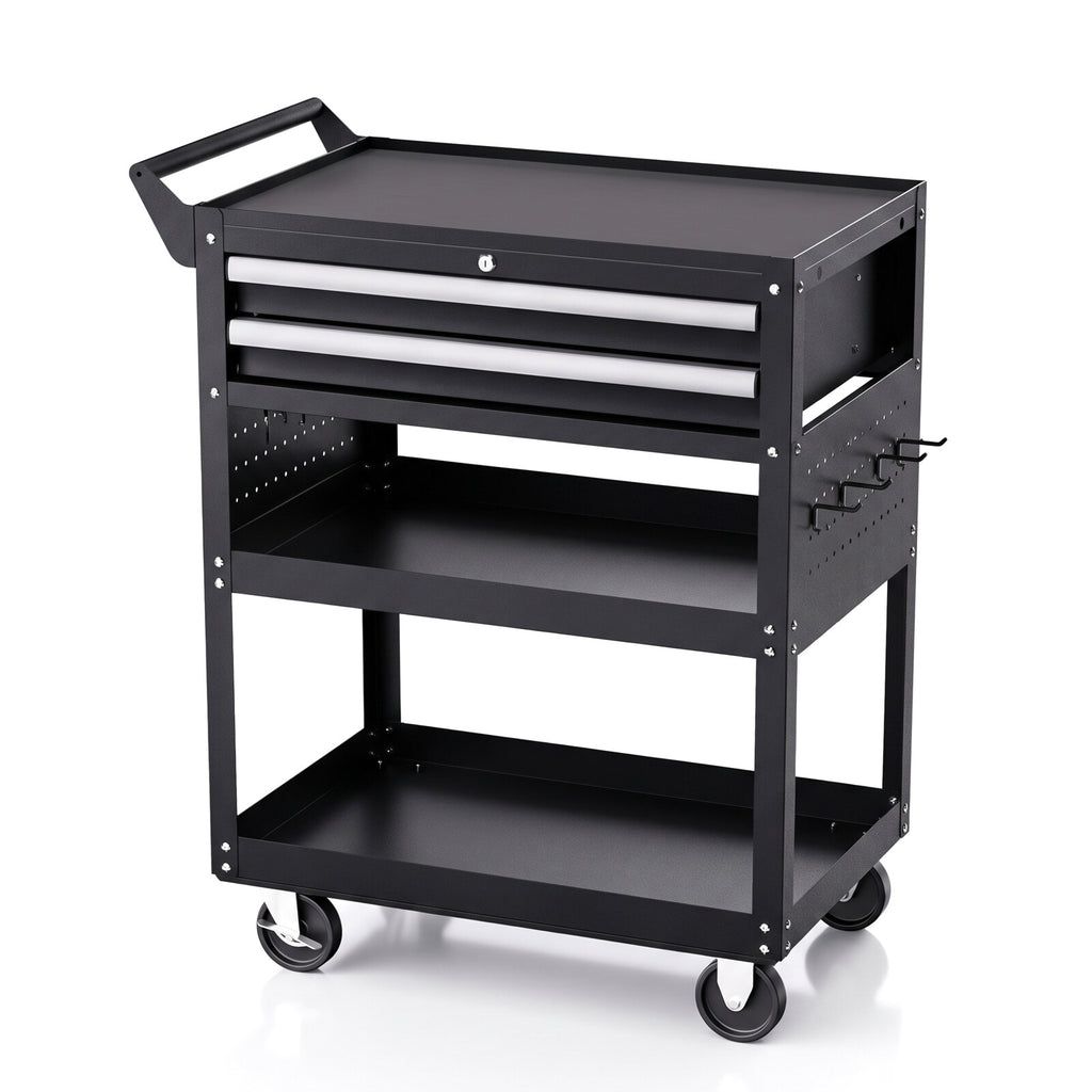 Servante d'atelier 5 niveaux noire, 3 plateaux et 2 tiroirs, sur fond blanc