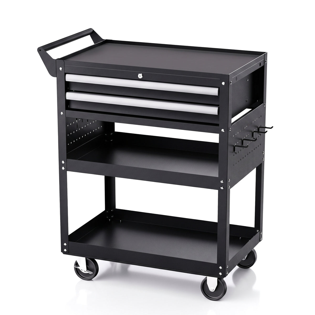 Servante d'atelier 5 niveaux noire, 3 plateaux et 2 tiroirs, sur fond blanc