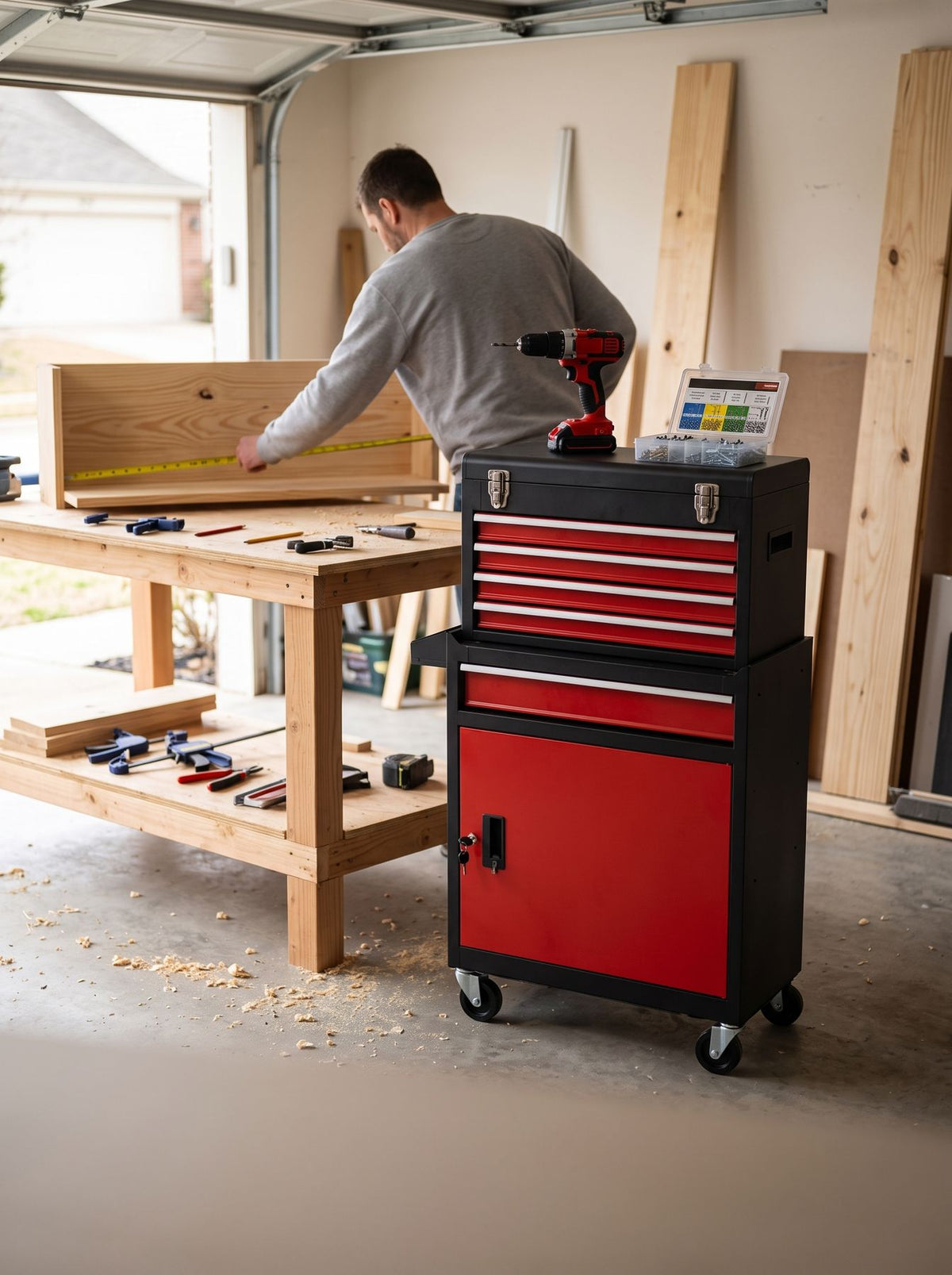 Servante d'atelier 5 tiroirs dans un garage de bricoleur