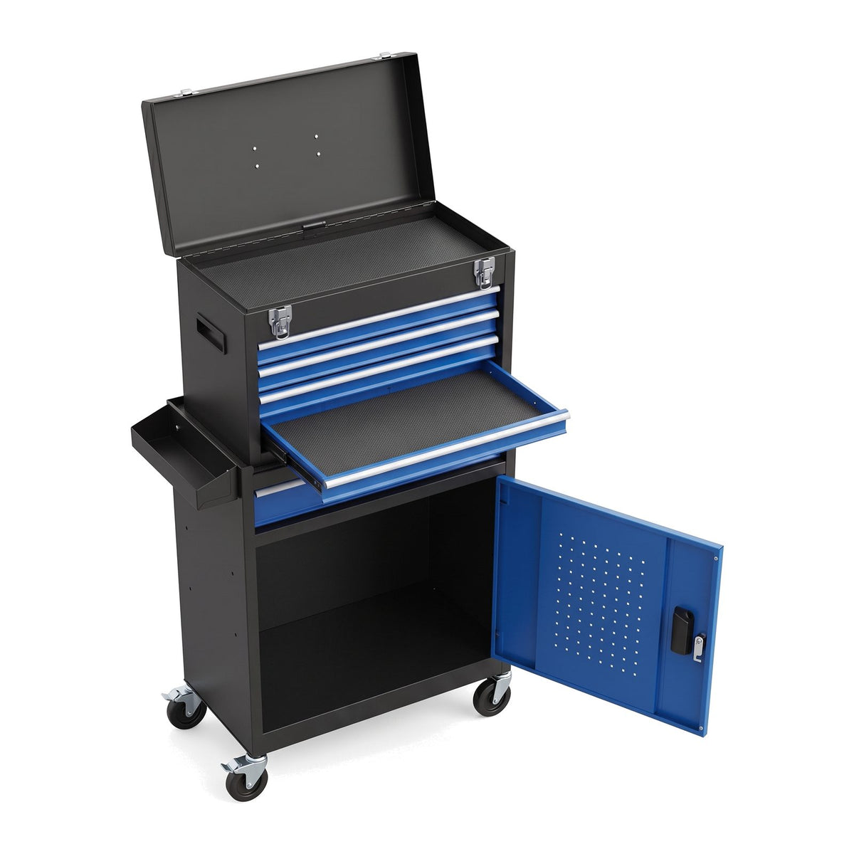 Servante d'atelier 5 tiroirs avec caisse amovible, noir et bleu, sur fond blanc