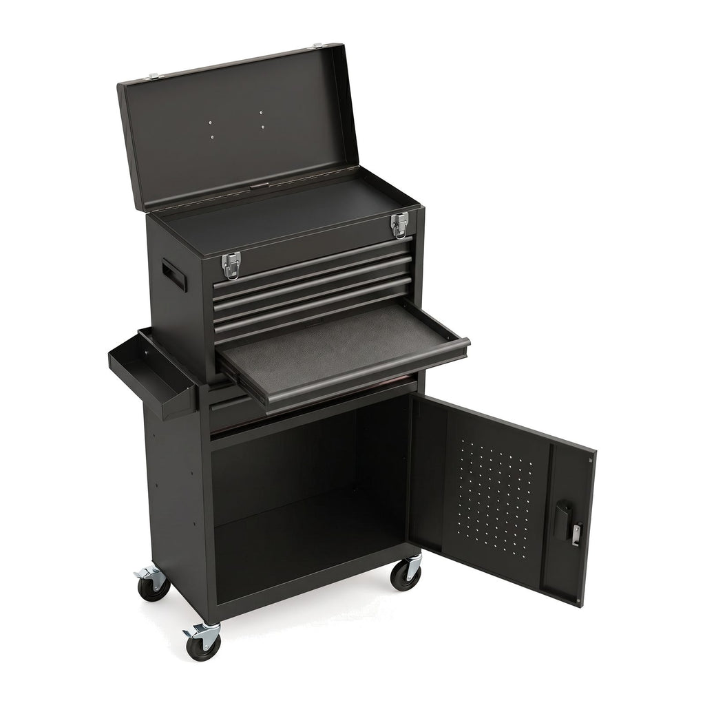 Servante d'atelier 5 tiroirs avec caisse amovible, tout noir, sur fond blanc