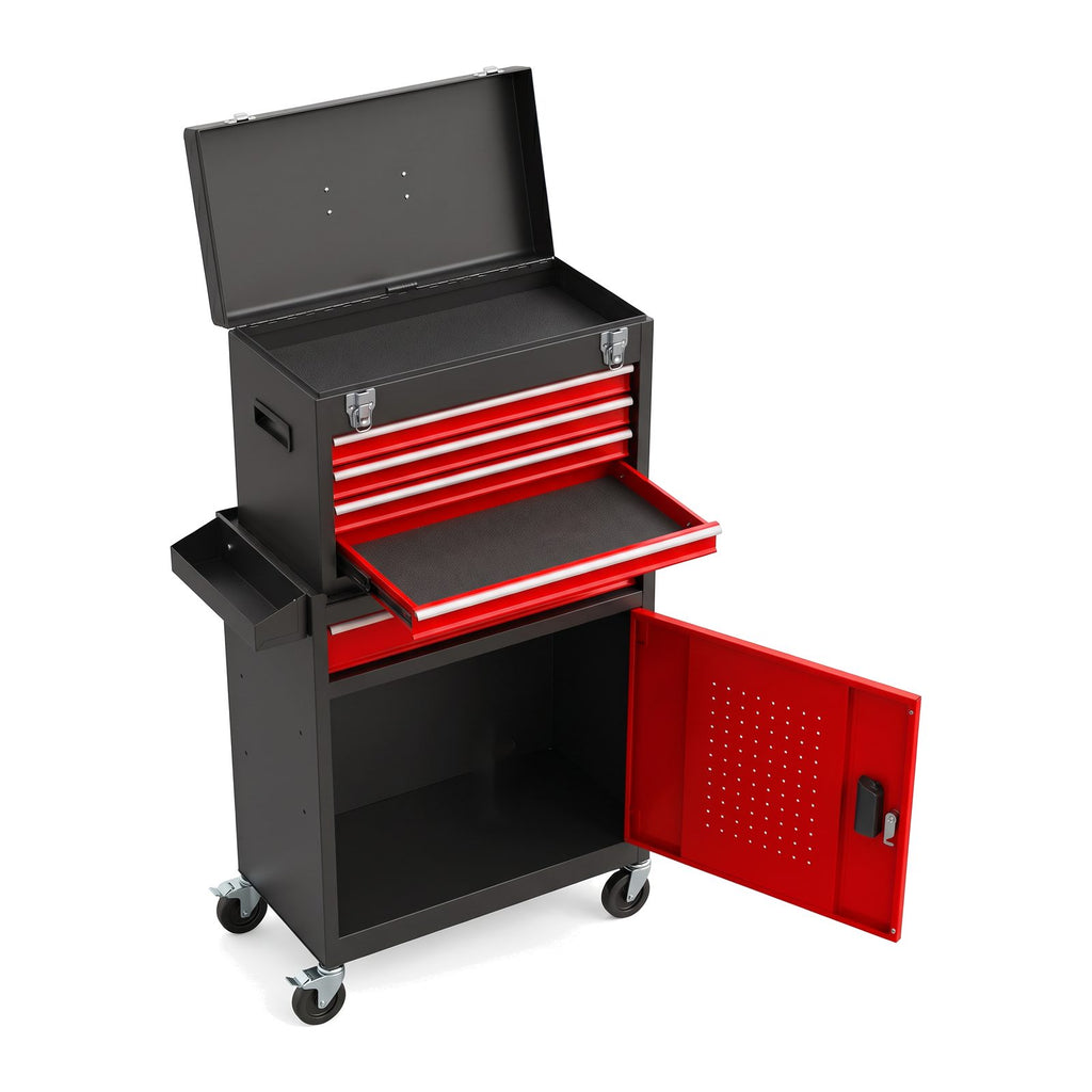 Servante d'atelier 5 tiroirs avec caisse amovible, noir et rouge, sur fond blanc