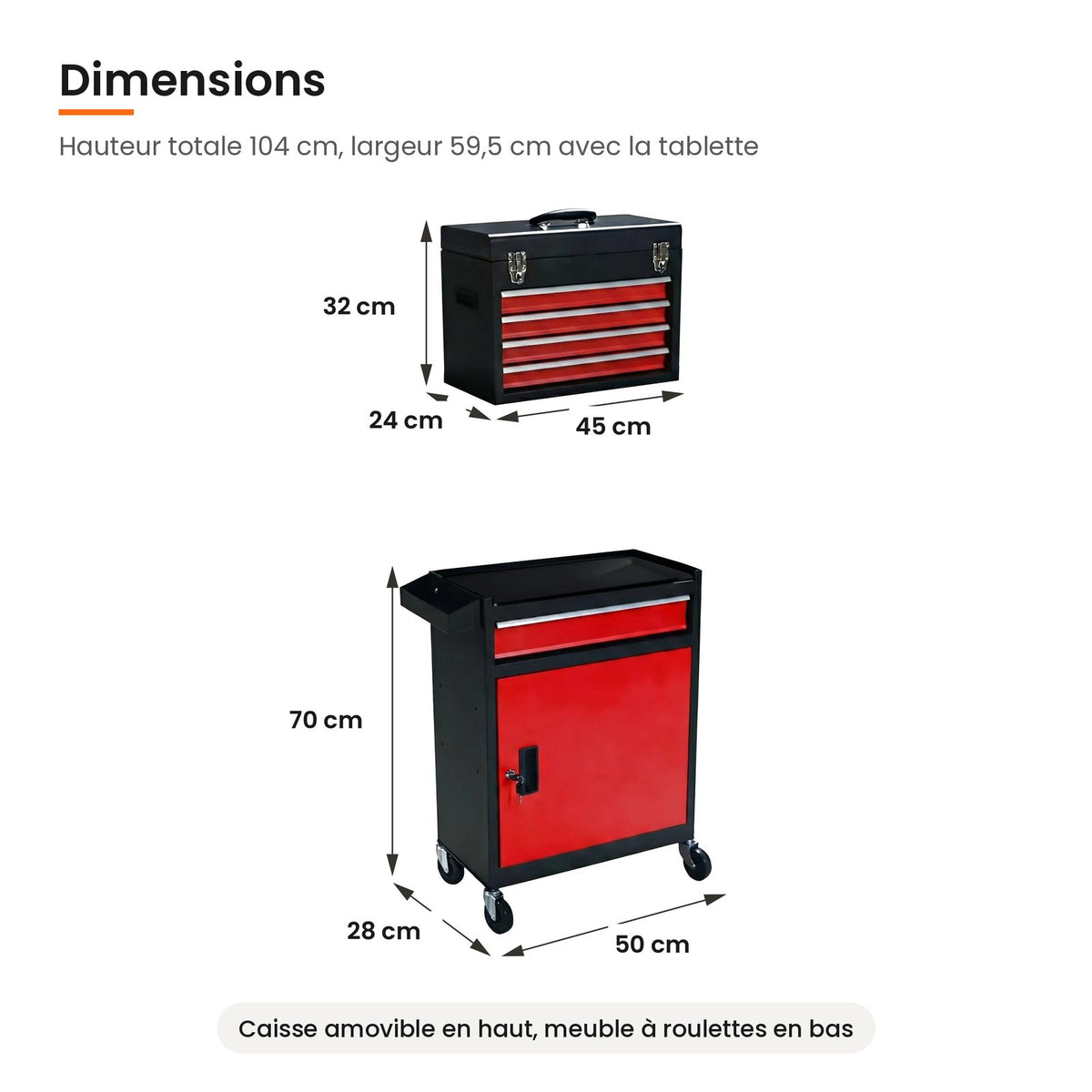 Dimensions de la servante d'atelier 5 tiroirs : caisse 45 x 24 x 32 cm, meuble 50 x 28 x 70 cm