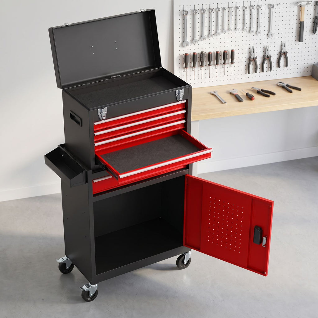 Servante d'atelier 5 tiroirs avec caisse amovible dans un garage rangé