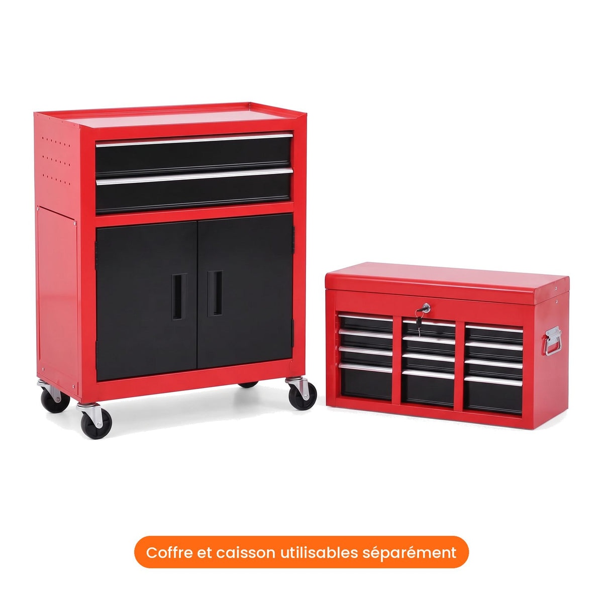 Servante d'atelier 2 en 1 : coffre à outils et caisson à roulettes séparables