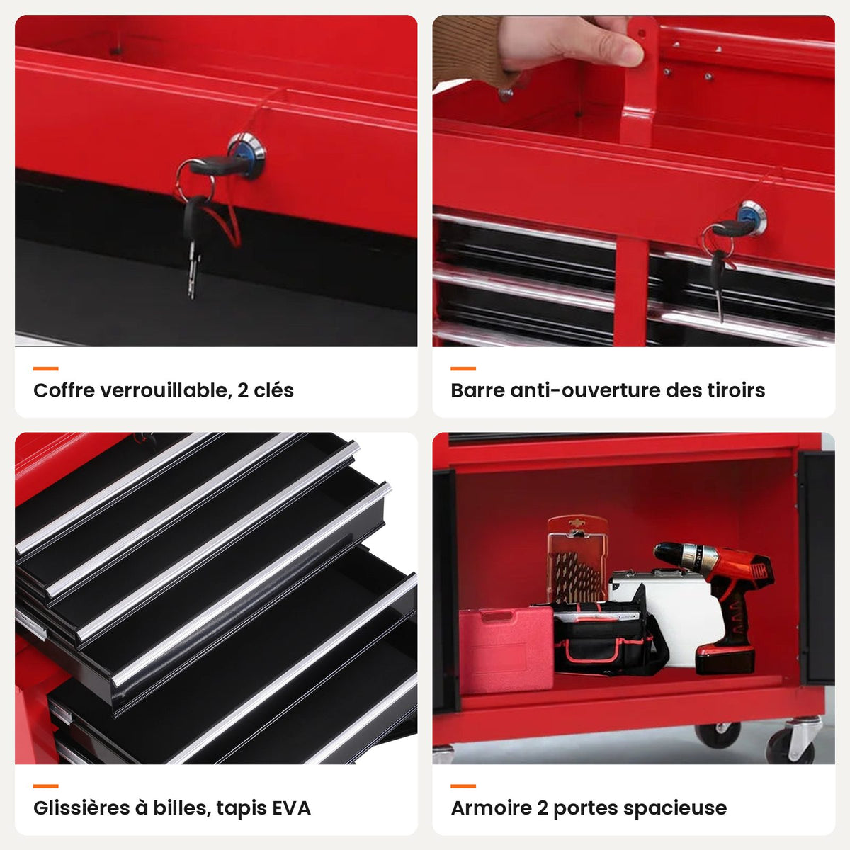 Détails de la servante d'atelier 6 tiroirs : serrure, barre anti-ouverture, glissières et armoire