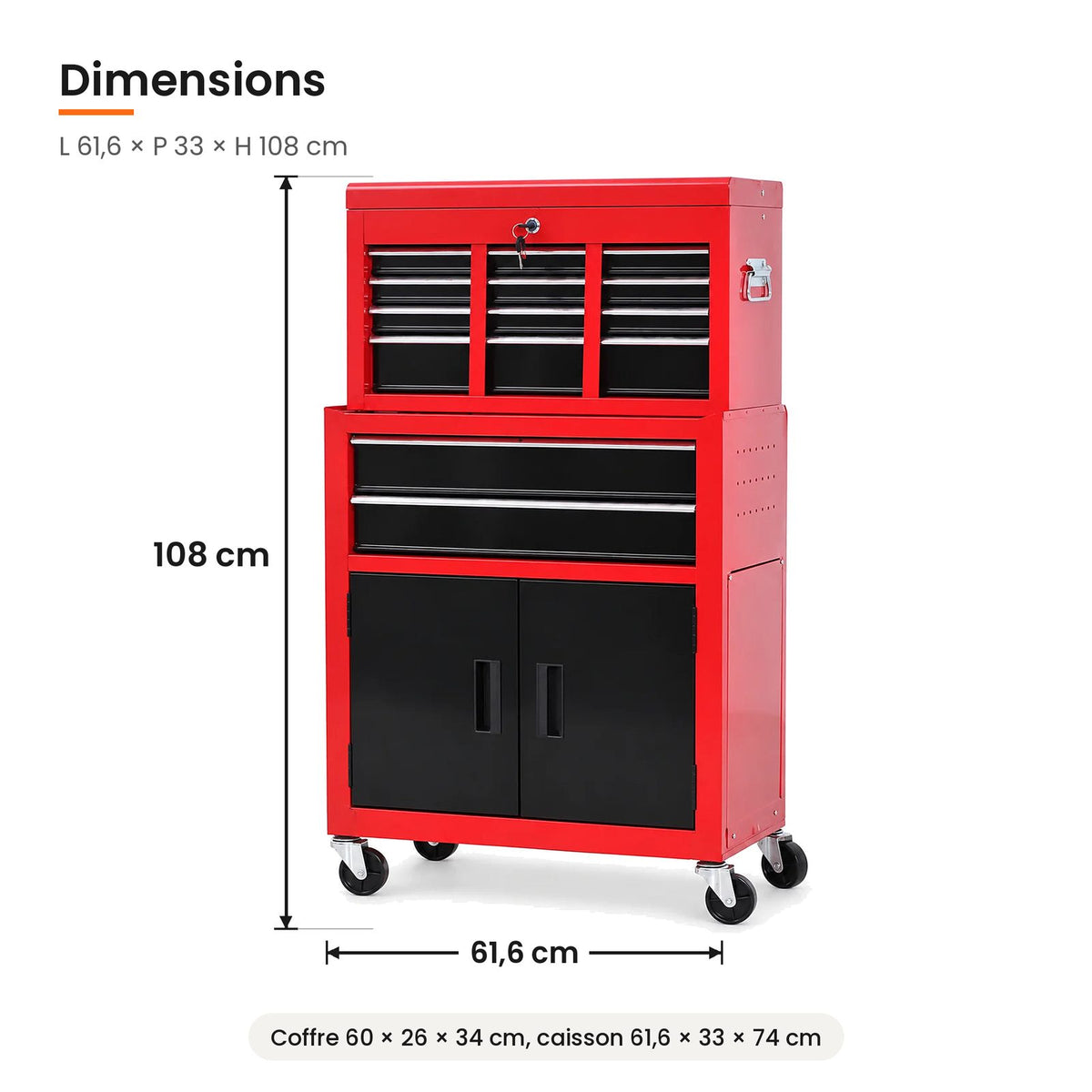 Dimensions de la servante d'atelier 6 tiroirs : 61,6 x 33 x 108 cm