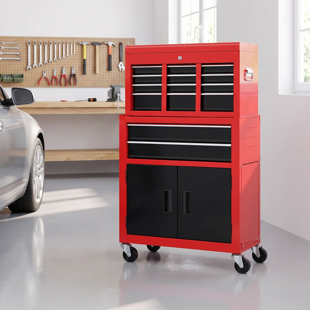 Servante d'atelier 6 tiroirs rouge et noire rangée dans un garage