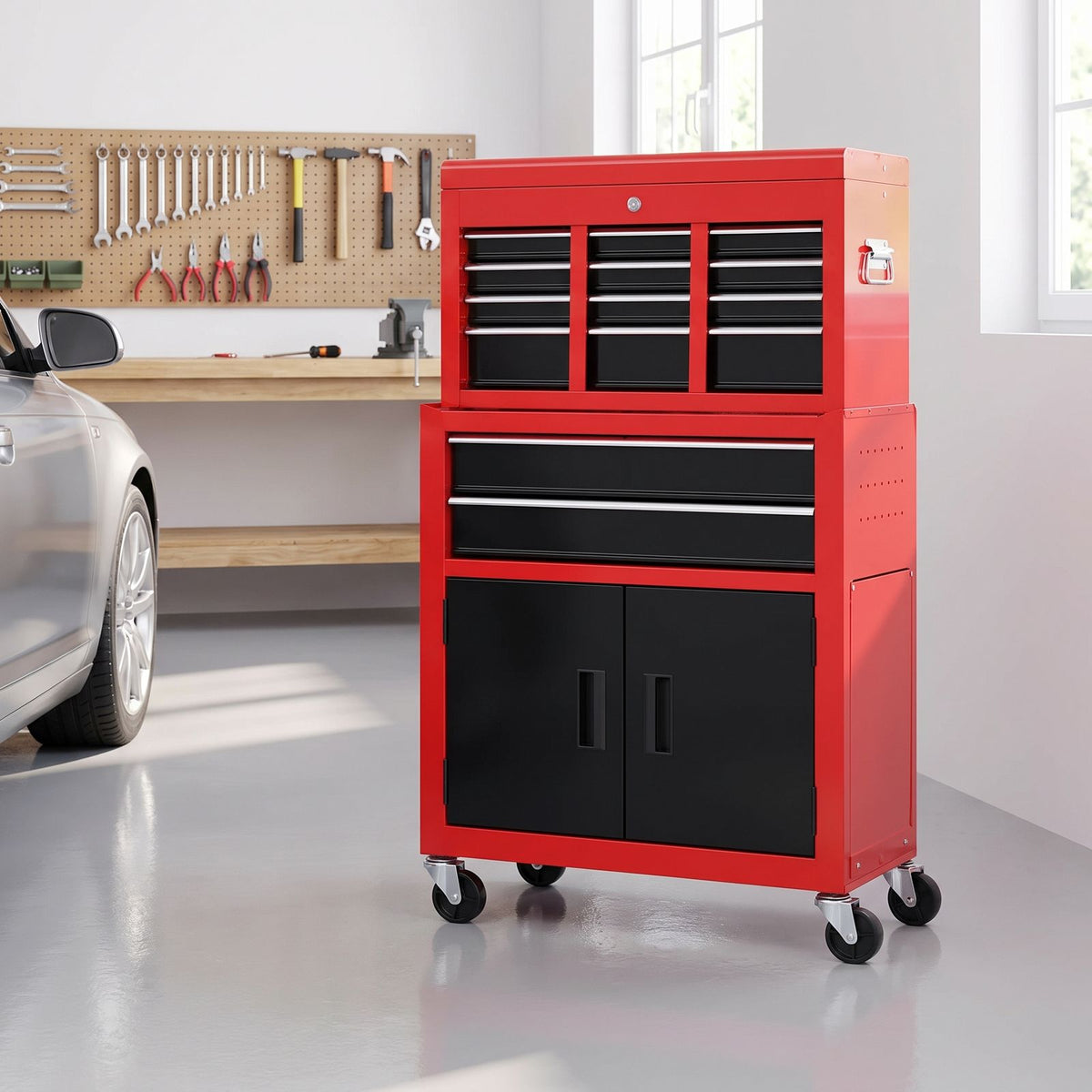 Servante d'atelier 6 tiroirs rouge et noire rangée dans un garage