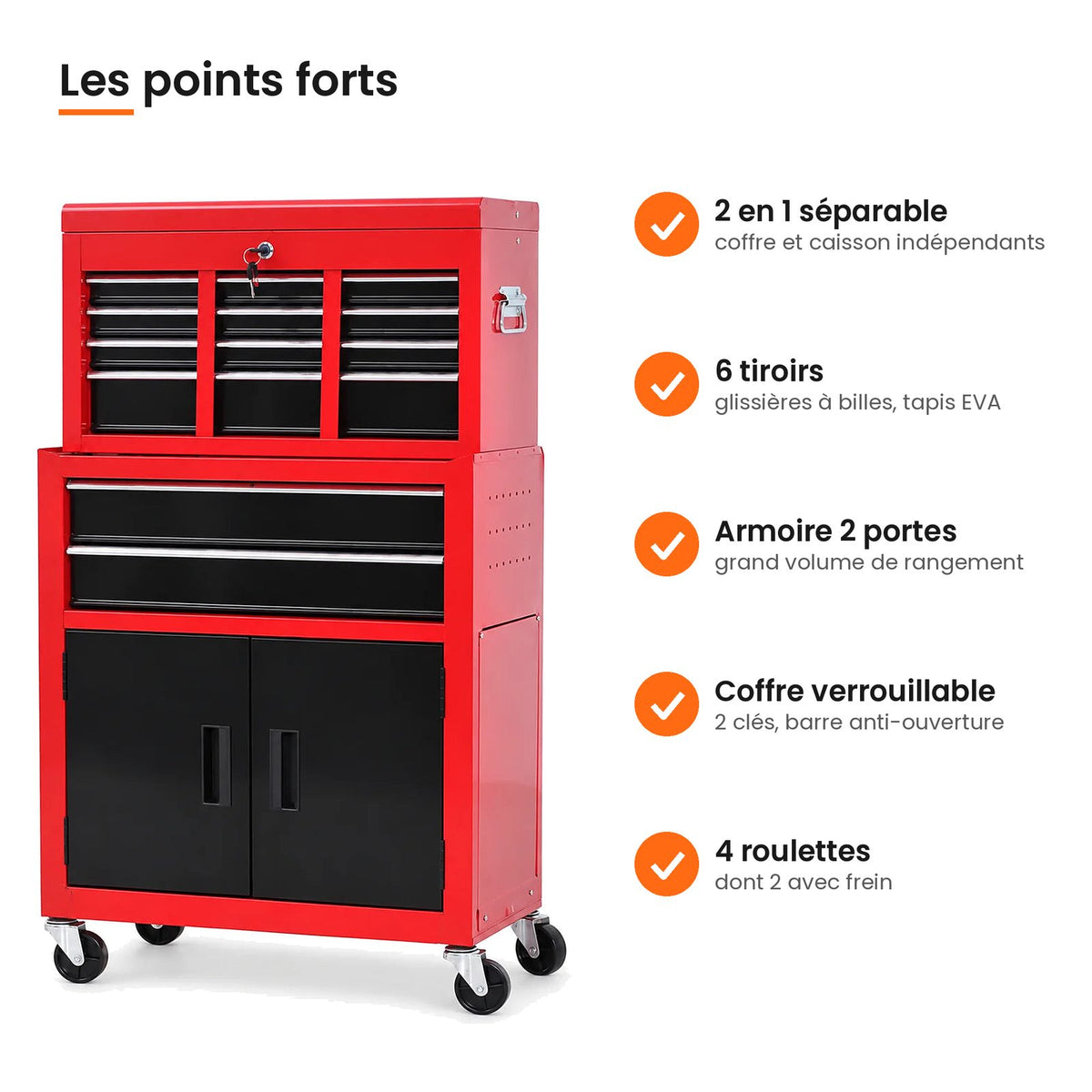 Points forts de la servante d'atelier 6 tiroirs coffre et caisson séparables