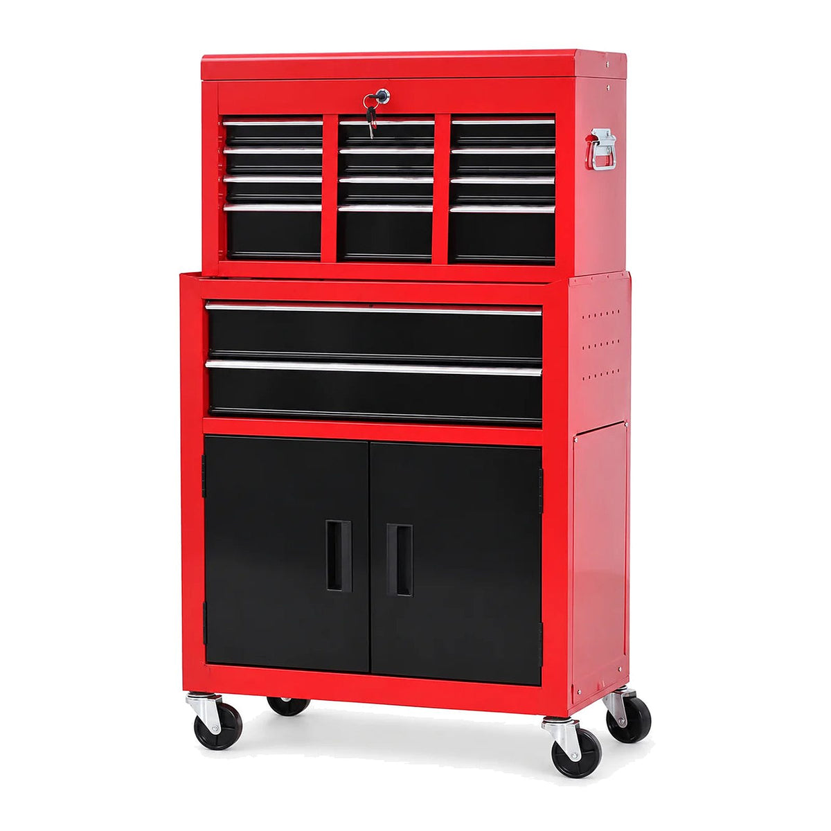 Servante d'atelier 6 tiroirs rouge et noire avec coffre verrouillable et armoire sur roulettes