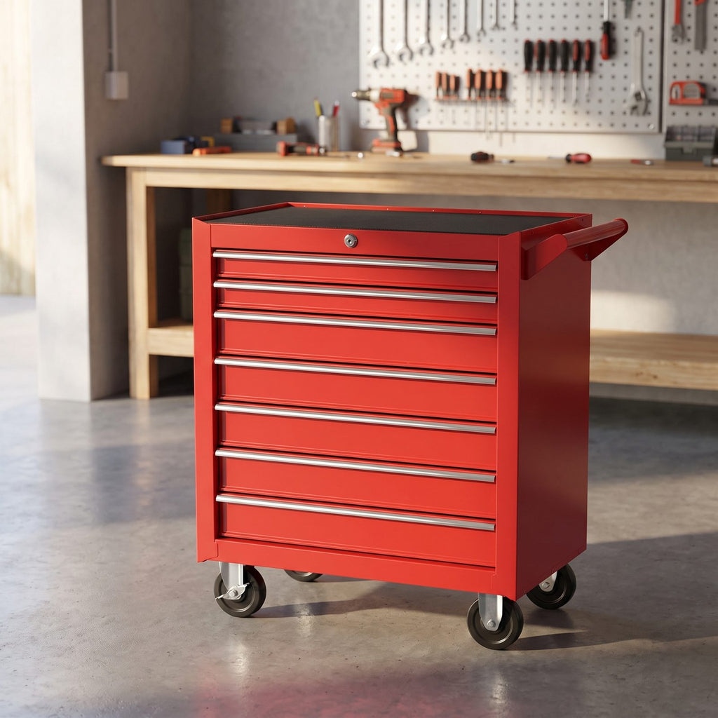 Servante d'atelier 7 tiroirs rouge dans un garage