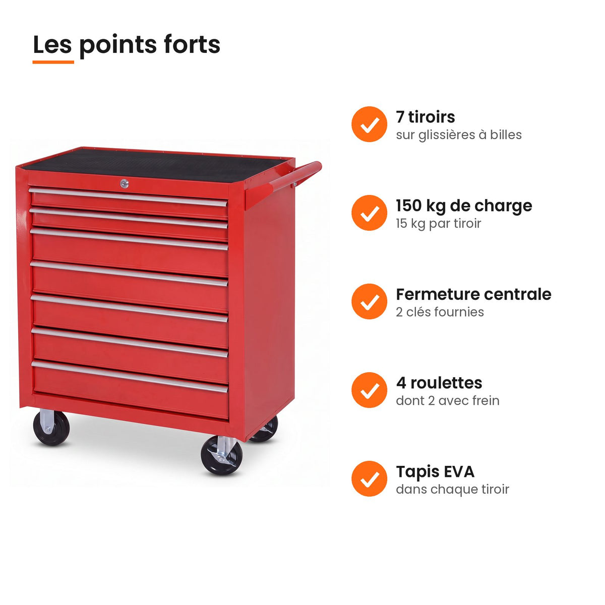 Points forts de la servante d'atelier 7 tiroirs rouge