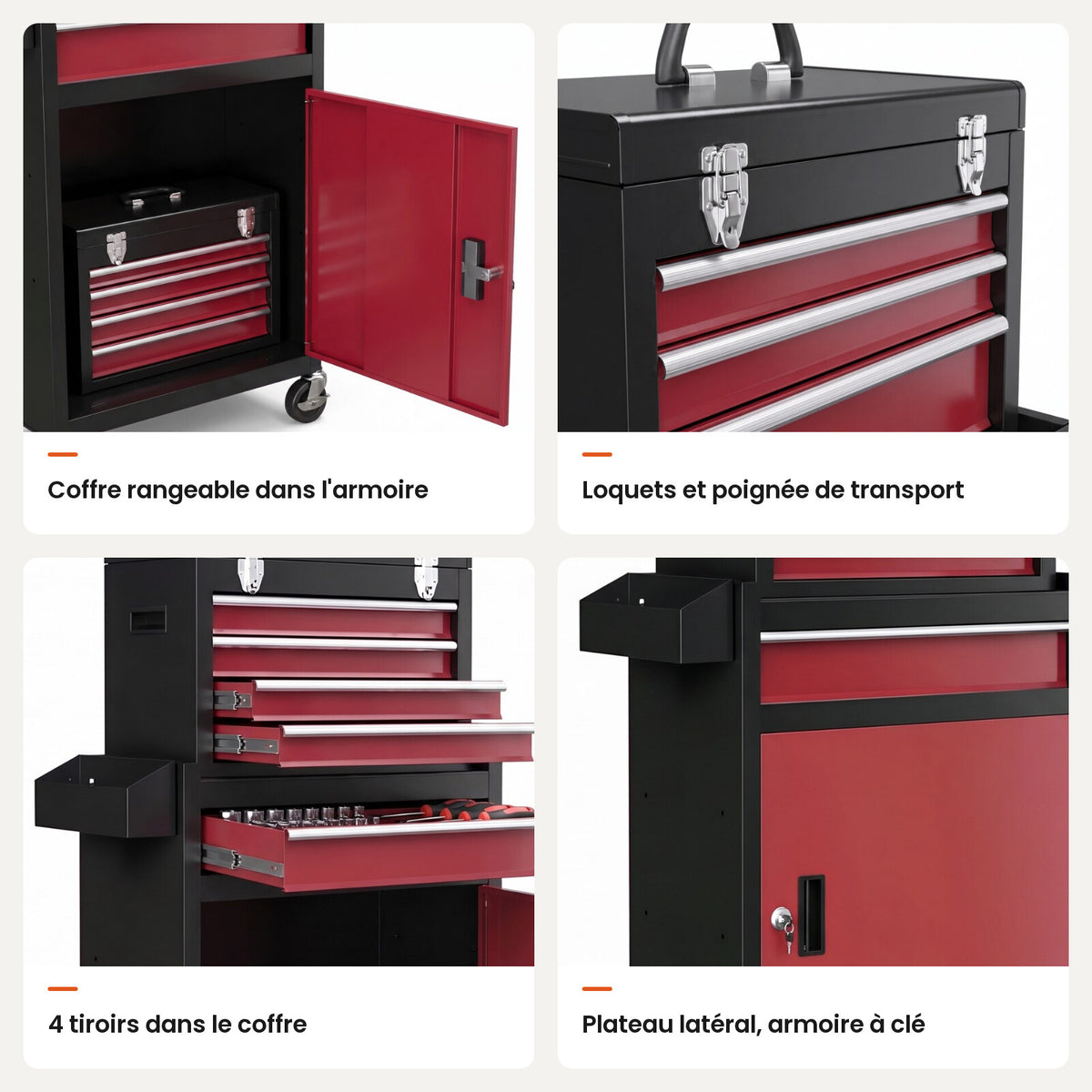 Détails de la servante d'atelier : coffre rangeable dans l'armoire, loquets, tiroirs, plateau latéral