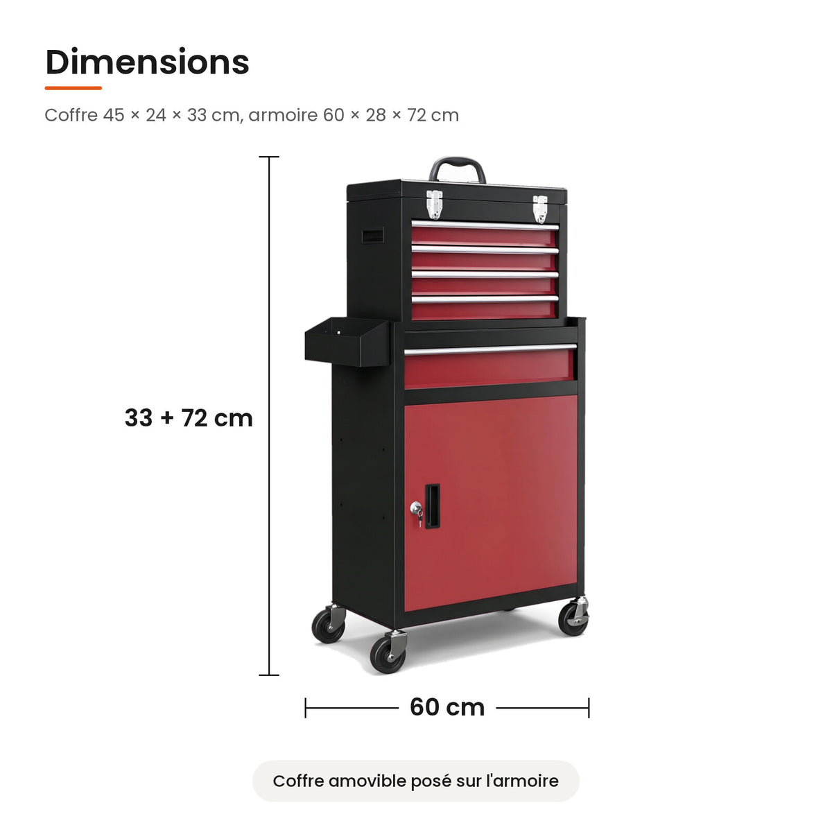 Dimensions : coffre 45 x 24 x 33 cm, armoire 60 x 28 x 72 cm