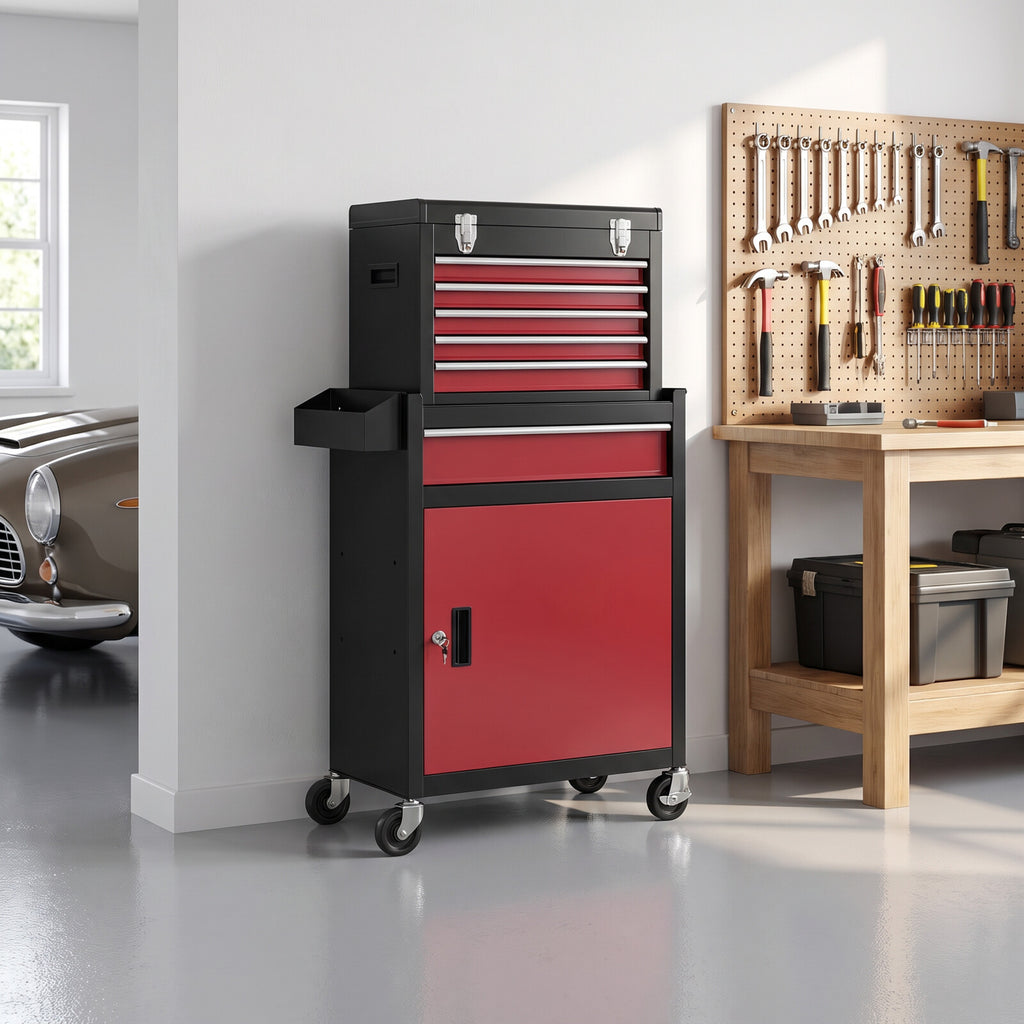 Servante d'atelier avec armoire dans un garage rangé