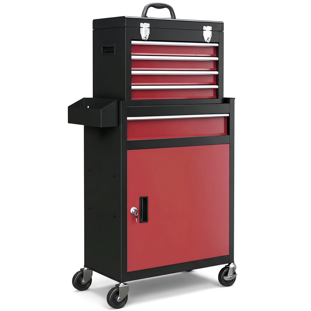 Servante d'atelier noire et rouge avec armoire et coffre amovible 4 tiroirs, sur fond blanc