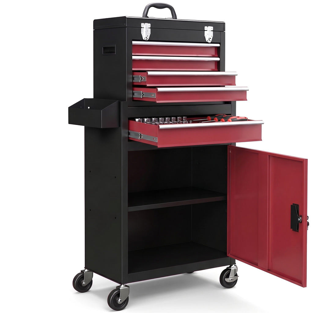 Servante d'atelier avec armoire ouverte et tiroirs du coffre ouverts