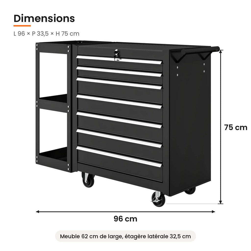 Dimensions de la servante d'atelier avec étagère latérale : 96 x 33,5 x 75 cm