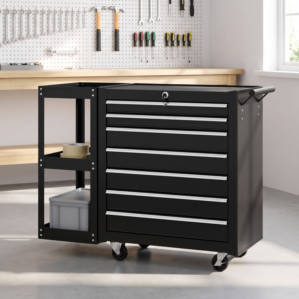 Servante d'atelier avec étagère latérale dans un garage rangé