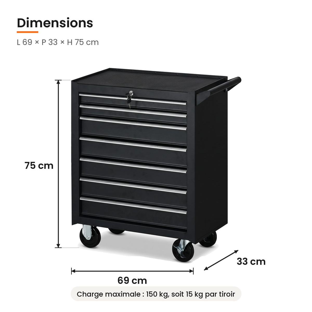 Dimensions de la servante d'atelier noire : 69 x 33 x 75 cm