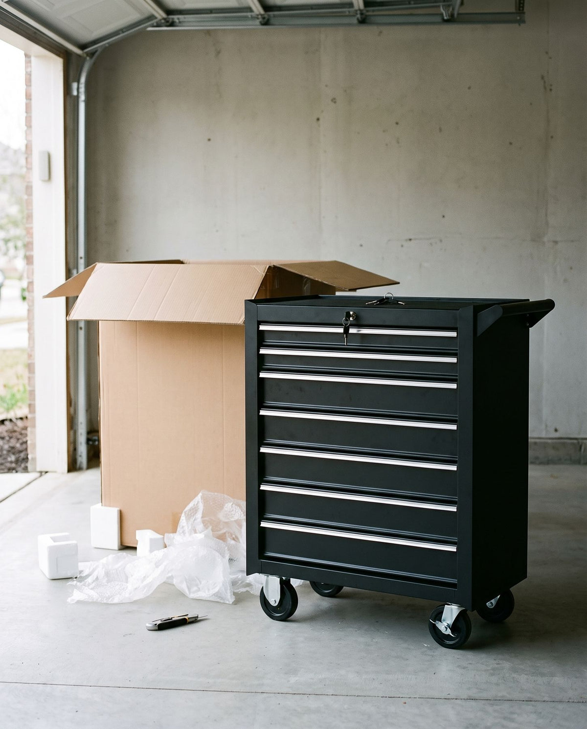 Servante d'atelier noire 7 tiroirs livrée et déballée dans un garage Image