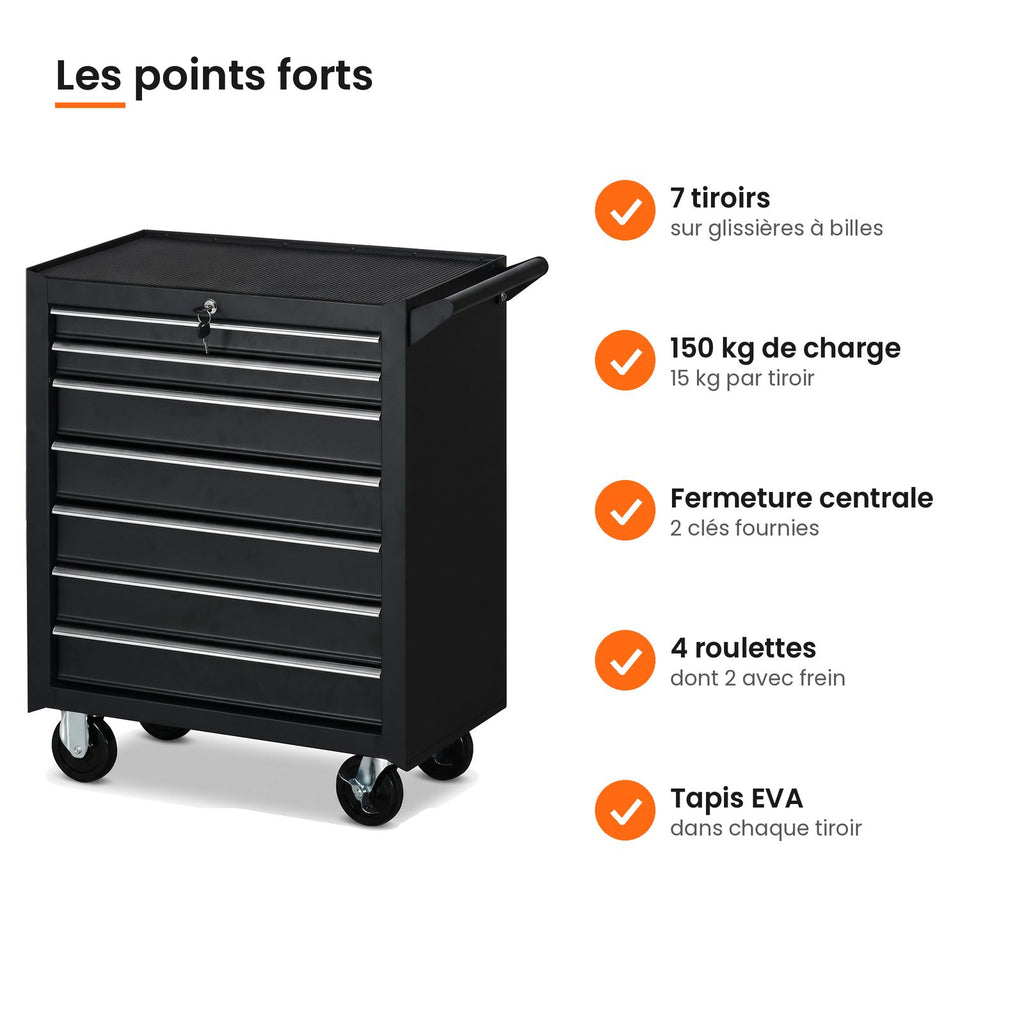 Points forts de la servante d'atelier noire 7 tiroirs