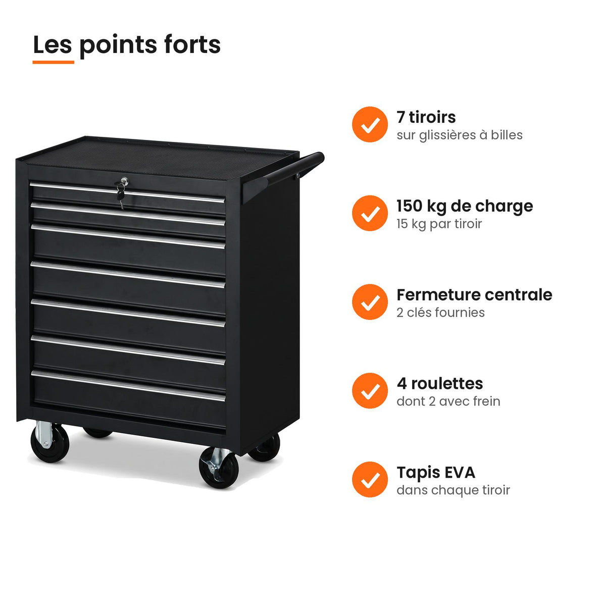 Points forts de la servante d'atelier noire 7 tiroirs