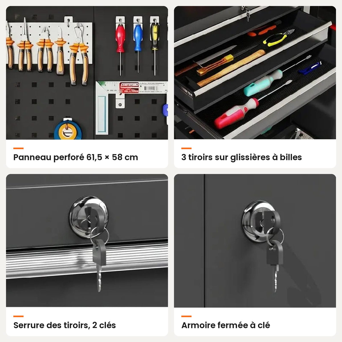 Détails de la servante d'atelier : panneau perforé, tiroirs et serrures