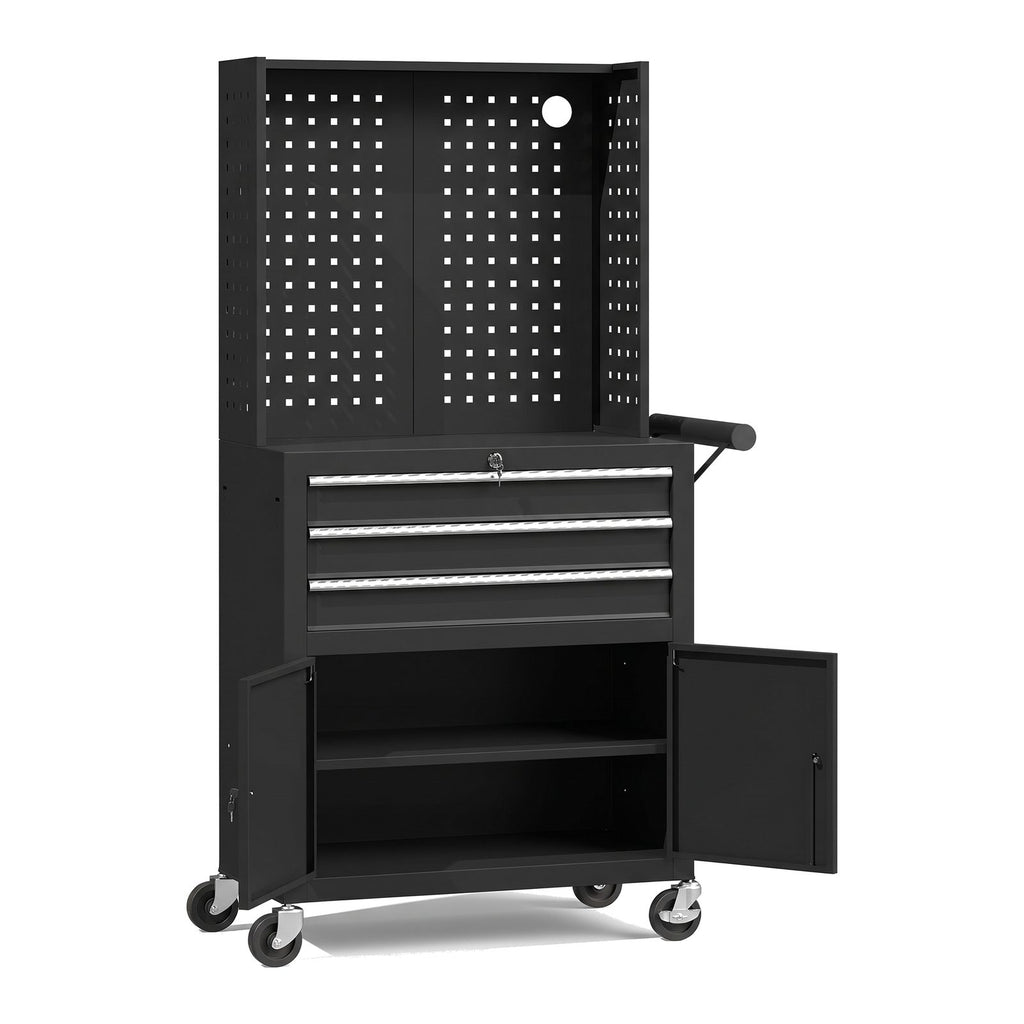 Servante d'atelier avec panneau perforé, 3 tiroirs et armoire 2 portes sur roulettes